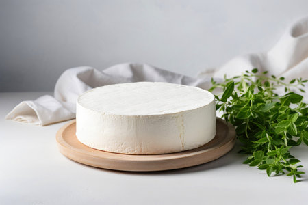 Mouthwatering still life: goat cheese and herbs on a classic wooden board.の素材