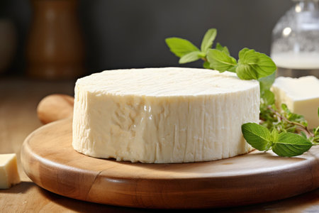 Creamy goat cheese on a rustic wooden board with fresh herbs - a gourmet still life.の素材