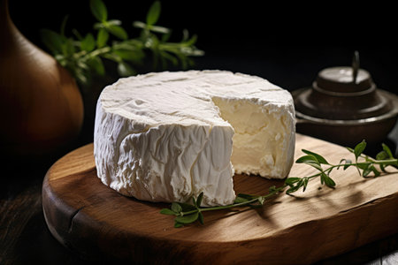 Classic still life: goat cheese and herbs on a rustic wooden table.の素材