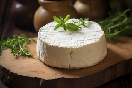 Closeup of soft goat cheese with herbs - a healthy and delicious snack.の素材