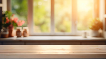Copy space on a clean wooden surface for design template in the kitchen.の素材