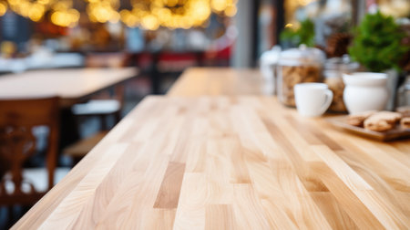 Clean wooden countertop in a modern kitchen interior.の素材
