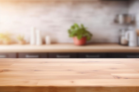 Product installation mockup on a wooden clean surface on a kitchen background.の素材