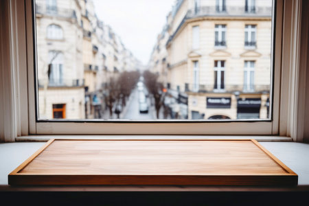 Empty wooden countertop in kitchen near window overlooking the city.の素材
