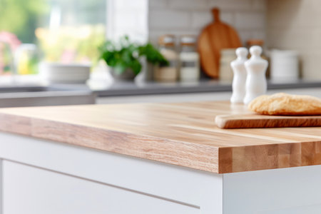 Clean wooden countertop in a modern kitchen setting.の素材