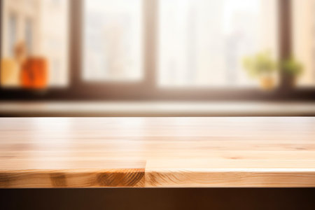 Bright kitchen with a mockup wooden surface.の素材