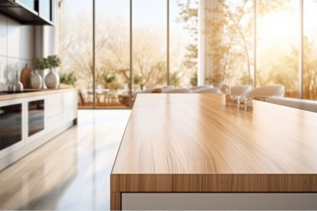 Blurred kitchen background with an empty tabletop.の素材