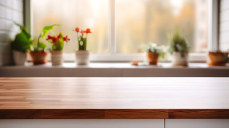 Modern kitchen interior with an empty wooden countertop.の素材