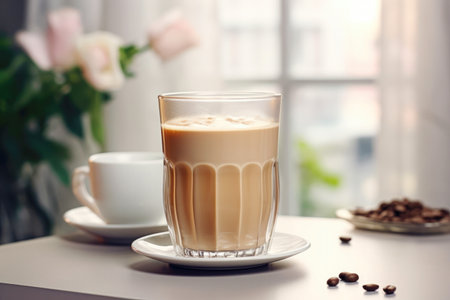 Aromatic coffee and milk in a glass on the table.の素材