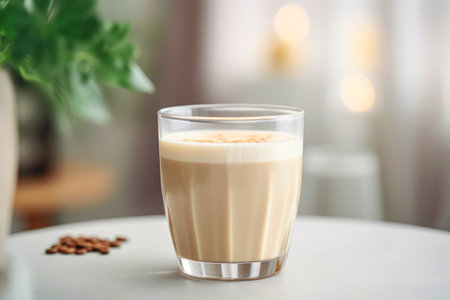 Morning still life: coffee and milk in a clear glass.の素材