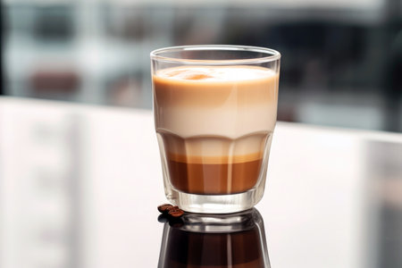 Brown latte in a glass, a delicious morning beverage.の素材