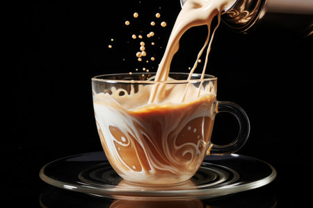 Still life with coffee in glass and pouring cream on black background.の素材
