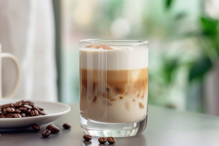 Hot latte in a glass, a delightful morning drink.の素材