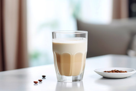 Creamy coffee in a clear glass, a flavorful morning treat.の素材