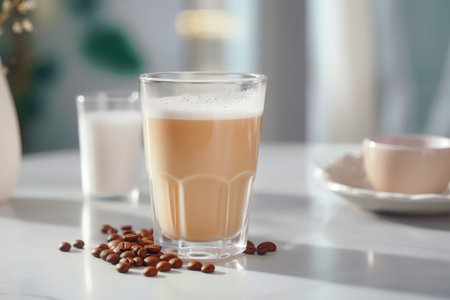Aroma filled coffee and milk still life on the table.の素材