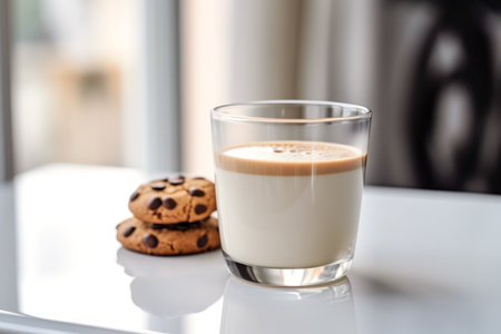 Composition with a glass of coffee with milk and biscuits on a white table.の素材