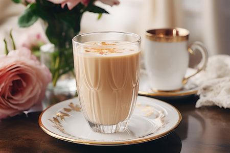 Creamy coffee in a glass, a delicious morning treat.の素材