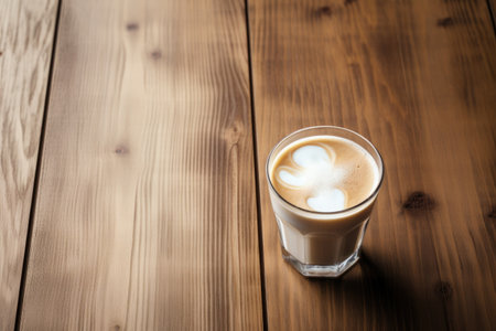 Coffee with milk in a glass on a wooden table with copy space.の素材