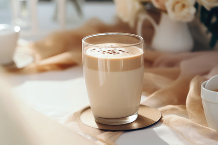 Coffee and cream composition on a table.の素材