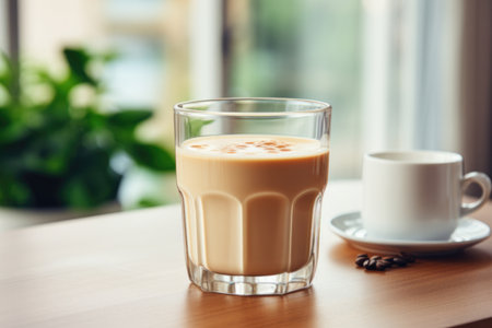 Morning energy boost: coffee with milk in a glass.の素材