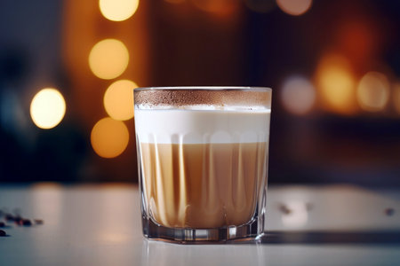 Coffee with cream in a glass, a tasty breakfast treat.の素材