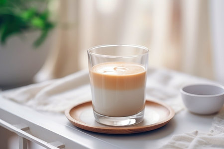 Creamy latte in a clear glass on the table.の素材