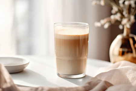 Morning still life: coffee with milk in a clear glass.の素材