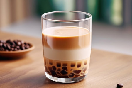 Glass of beige latte on the wooden table.の素材