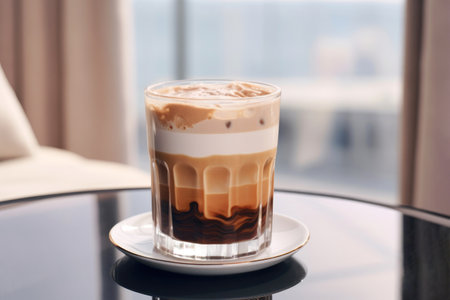 Glass of creamy latte, a delightful breakfast drink.の素材