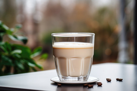Creamy coffee composition with beans on the table.の素材