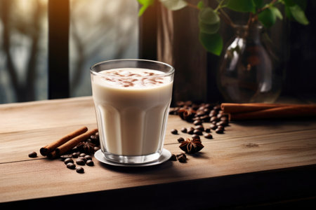 A glass of coffee with milk with cinnamon and spilled beans on a rustic table.の素材