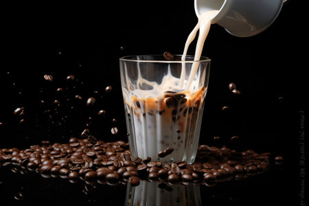 Pouring milk into a glass of coffee with coffee beans on black background.の素材