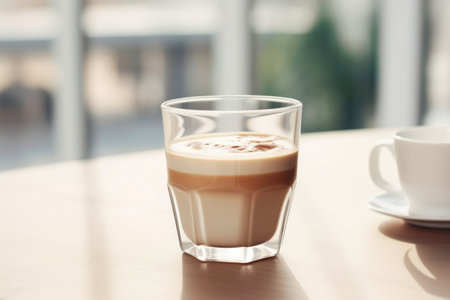 Beige latte in a glass, a flavorful morning drink.の素材