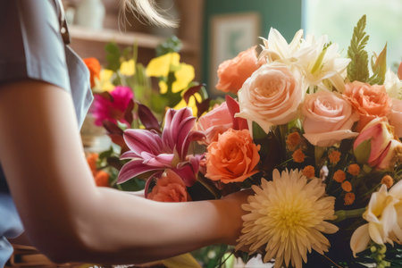 The hands of a professional florist create a colorful floral bouquet.の素材
