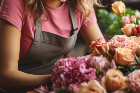 Creative female florist crafting a decorative floral bouquet.の素材