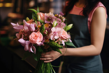 Professional florist in apron holding bouquet of flowers.の素材