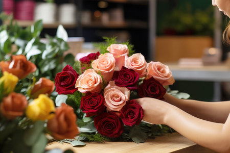 Woman's hands crafting a floral composition in a small business shop.の素材