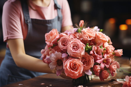 Professional florist creating a beautiful bouquet at her store workplace.の素材