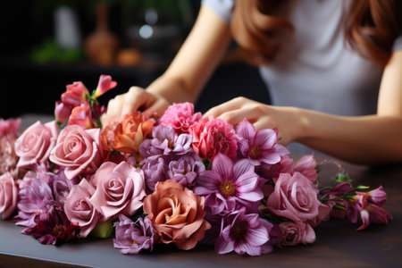 Florist's hands busy making a beautiful flower composition.の素材