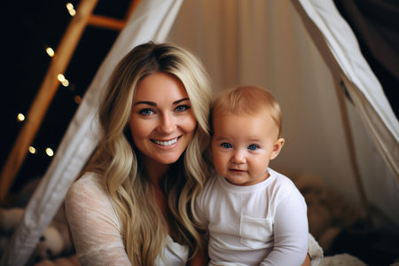 Happy young mother with her little daughter in a teepee at home.の素材