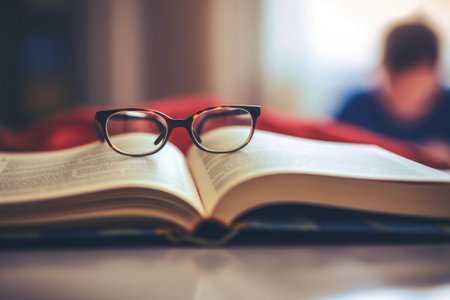 Glasses on an open book close-up on a blurred background of a room with a boy, child education concept.の素材