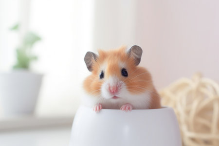 Hamster in a white vase on a light background, close up.の素材