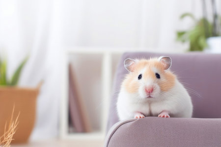 Cute hamster on sofa in room, close up, copy space.の素材