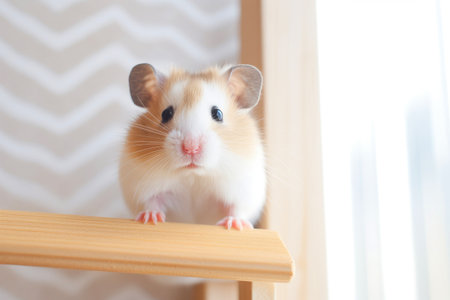 Hamster sits on a shelf and looks at the camera, close up.の素材