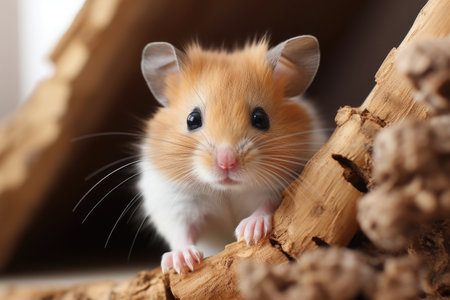Hamster on wooden log, close up, soft focus background.の素材