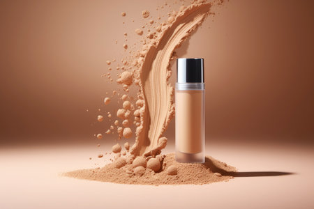 Cosmetic still life showcasing corrective fluid in glass container for flawless skin.の素材
