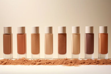 Sleek glass bottles of liquid foundation in beige hues.の素材