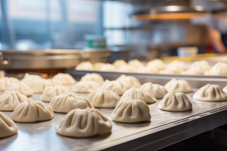 Factory kitchen crafting asian dumplings.の素材