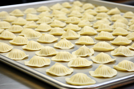 Lots of raw dumplings on a baking sheet.の素材
