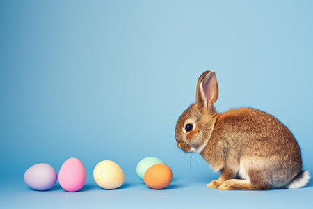 Easter bunny and colorful eggs on blue background, copy space.の素材